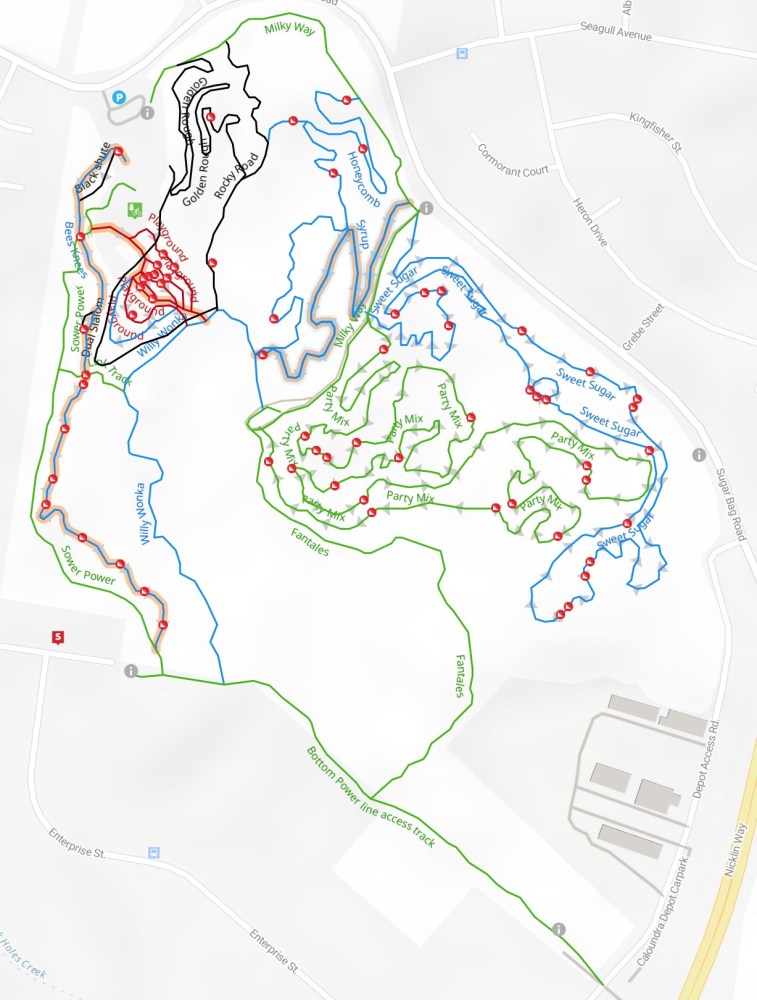 Map of Sugar Bag Road MTB Park showcasing various bike trails and difficulty levels