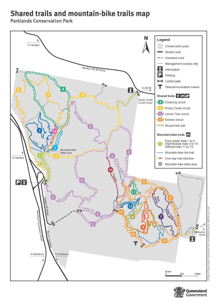 Map of Parklands MTB Trail showing various bike paths and difficulty levels, Parklands Conservation Park, Queensland.