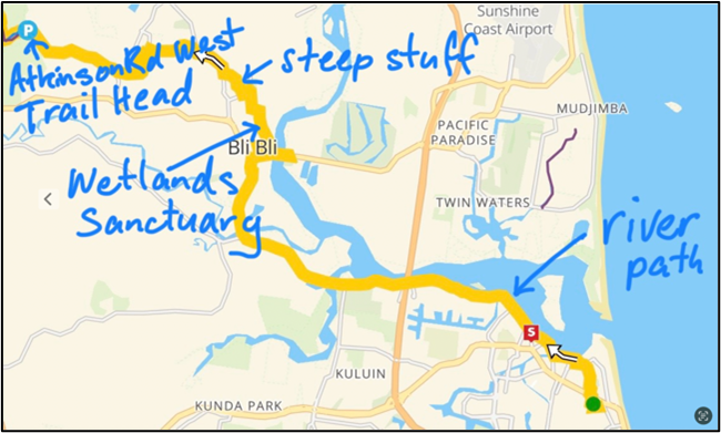 Screen grab of Chris's e-MTB journey from Maroochydore to Parklands MTB Trails, showing handwritten notes like "River Path," "Wetland Sanctuary," "Steep Road Section," and "Atkinson Rd West Trail Head."