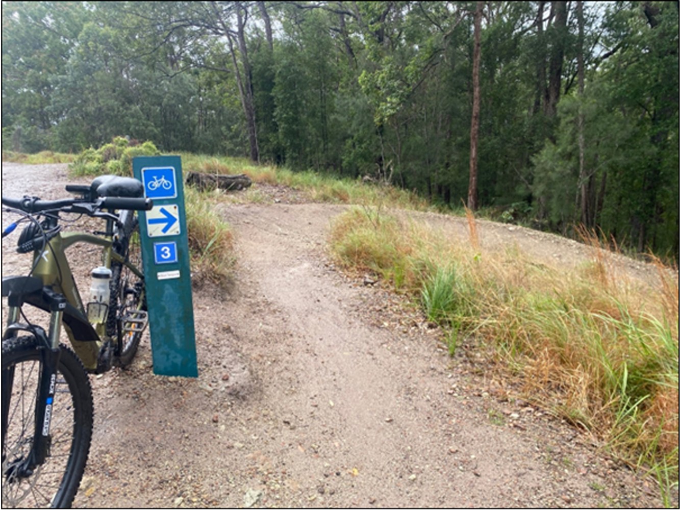 The VelectriX Ascent 29" Pulse e-MTB leaning against the trailhead marker sign for Blue Tongue Track 3 in Parkland Conservation Park, with Chris taking a short break before continuing down the track toward the Switchback right-hand downhill berm.