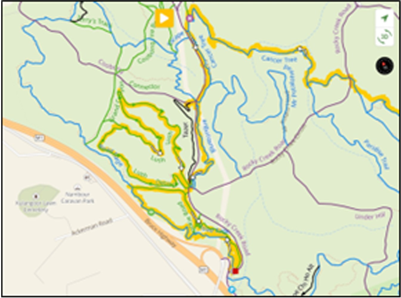 Screen grab of Chris's tracking map showing the route from Maroochydore to Parklands MTB Park on an ecoTekkSC-hired e-MTB Ascent 29" Pulse, featuring pathways along the Maroochy River and the MTB trails in Parkland Conservation Park.