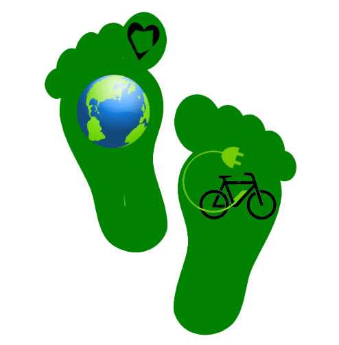 Graphic of two foot impressions: the left foot with a world globe and heart on the big toe, and the right foot with a bike icon, promoting carbon footprint offset and eco-friendly e-bike adventures with ecoTekkSC on the Sunshine Coast.