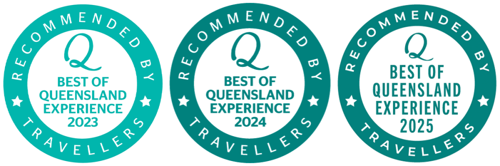 Three consecutive Best of Queensland Experience badges for EcoTekk Sunshine Coast from 2023 to 2025 displayed in a row."
