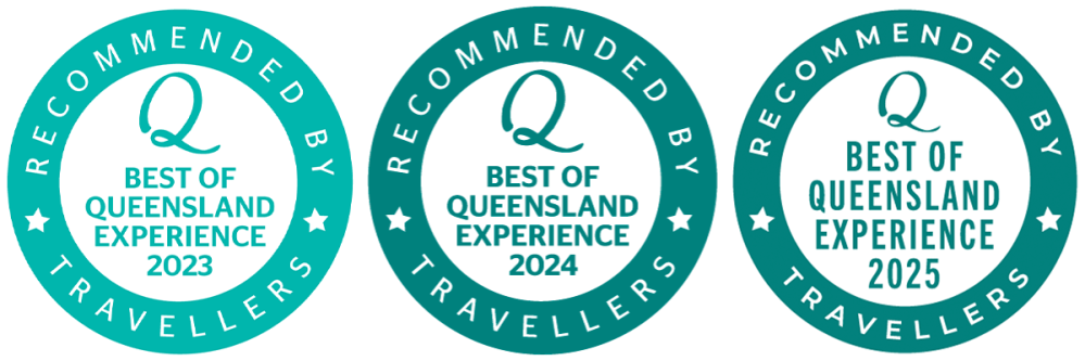 Three consecutive Best of Queensland Experience badges for EcoTekk Sunshine Coast from 2023 to 2025 displayed in a row."