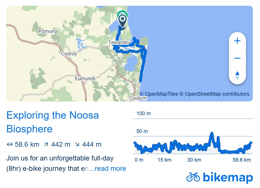 Graphic of Noosa Biosphere e-Bike tour, showcasing Sunshine Beach, Noosa River, and Lake Doonella, perfect for things to do on e-Bike in Noosa.