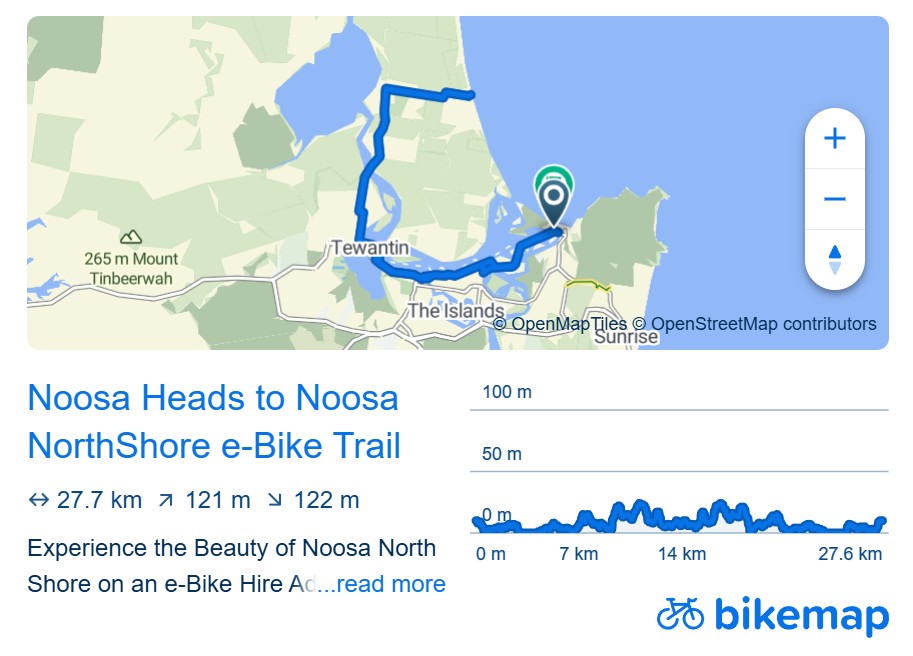 Bikemap of Noosa North Shore e-Bike route from Hastings Street via Tewantin, with ferry crossing, ideal for things to do on e-Bike in Noosa.