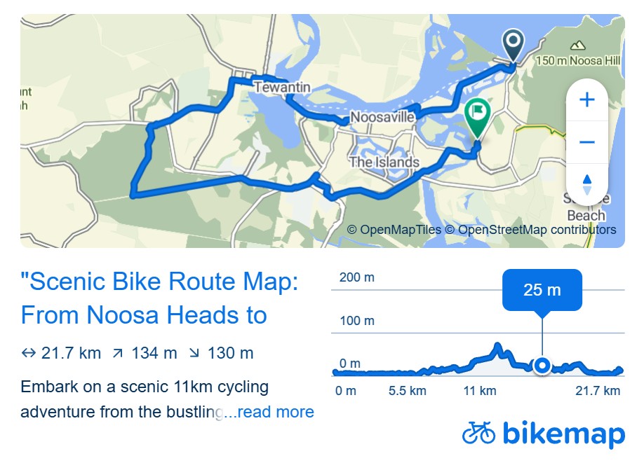 Bikemap of Noosa Heads to Wooroi MTB Trails, showing an 11km e-Bike route via Noosa River and Tewantin, ideal for things to do on e-Bike in Noosa.