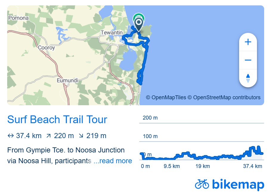 Bikemap of Noosa e-Bike trail from Gympie Tce. to Peregian Beach via Noosa Hill, showcasing coastal views, ideal for things to do on e-Bike in Noosa.