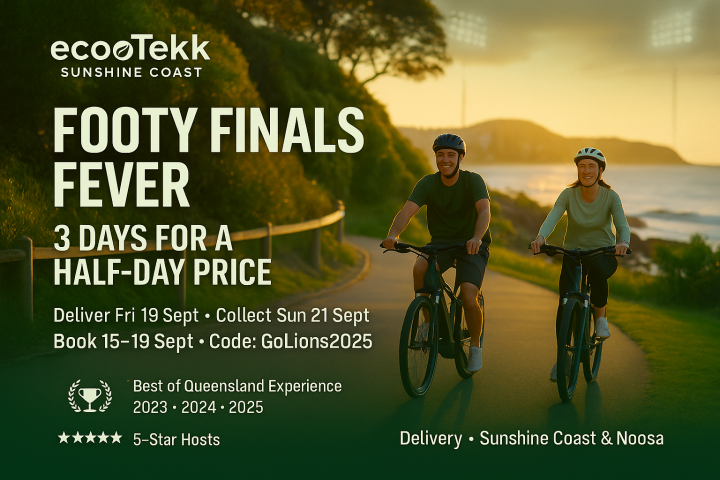 Two people cycling near a coastline with promo text for ecoTekk bike rentals.