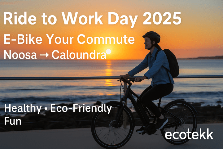 Person on e-bike by ocean, sunset backdrop, promotes Ride to Work Day 2025; E-bike commute, Noosa to Caloundra.