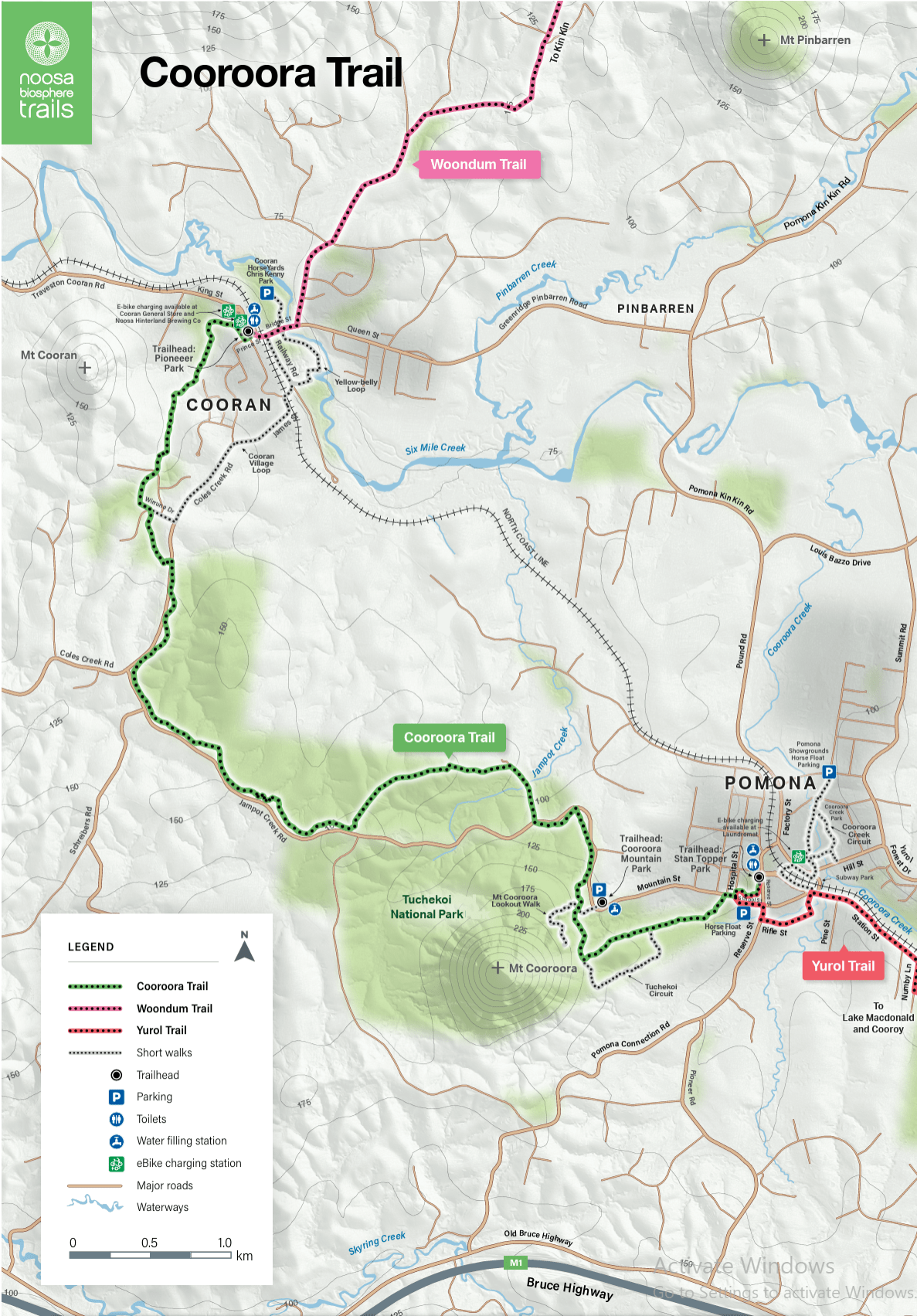 Map of Cooroora Trail with landmarks and paths marked in color.